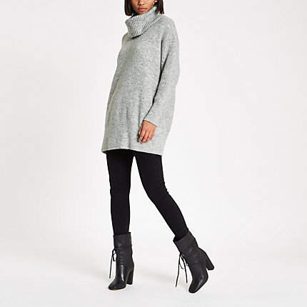 Womens Light Grey knit roll neck jumper dress