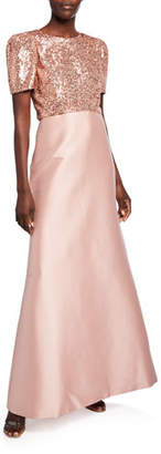 Sachin + Babi Margot Sequin Bodice Short-Sleeve Twill Skirt A-Line Gown
