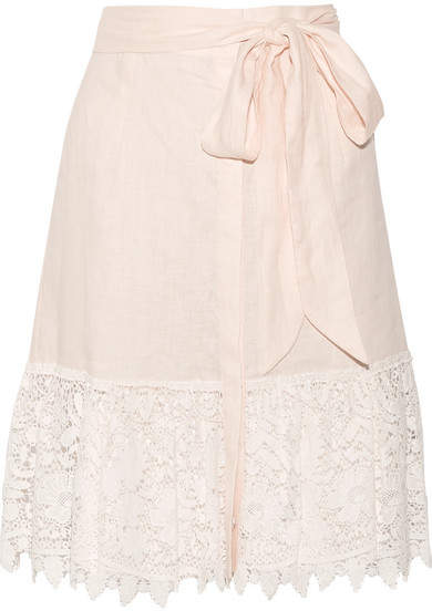  Carlene Crocheted Cotton-lace And Linen Skirt - Pastel pink