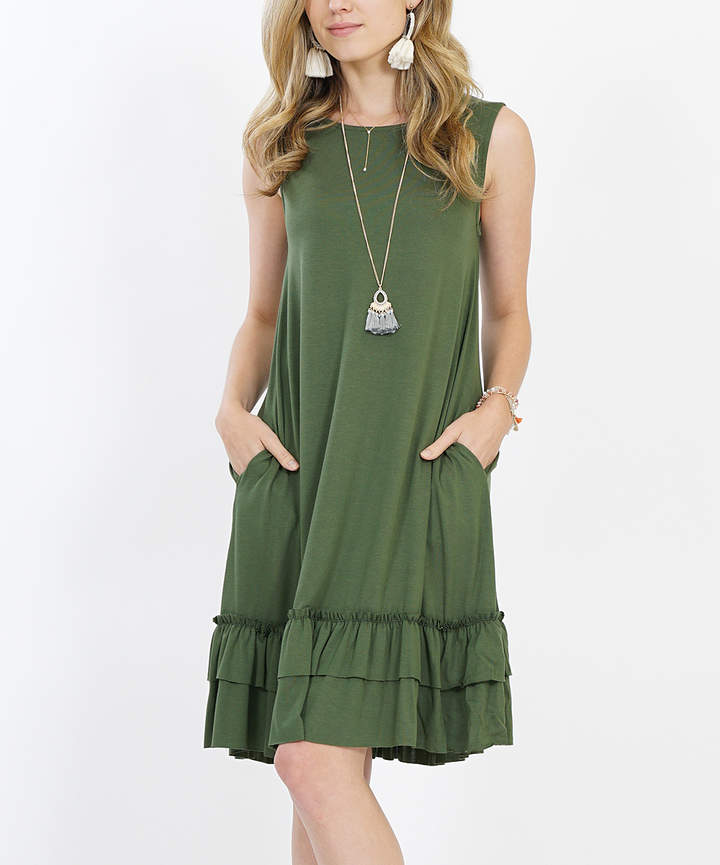 Army Green Pocket Ruffle-Hem Dress - Plus