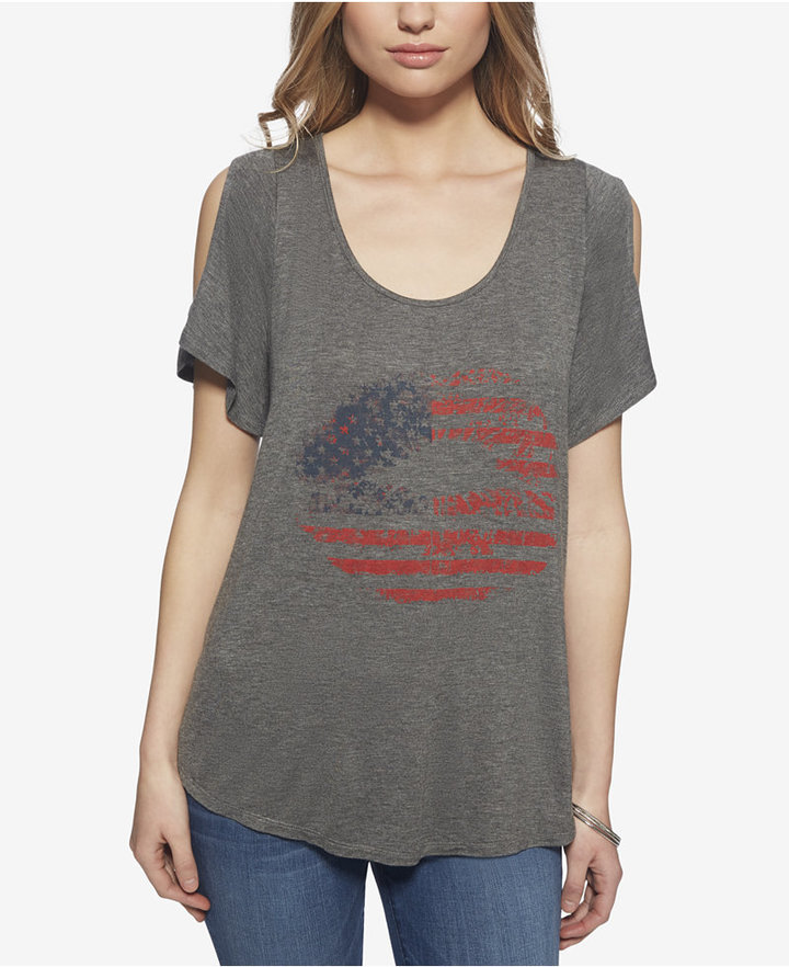 Cold Shoulder Flag Print T Shirt