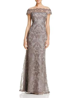 Illusion Off-The-Shoulder Lace Gown by Tadashi Shoji in Dark Pearl (White)