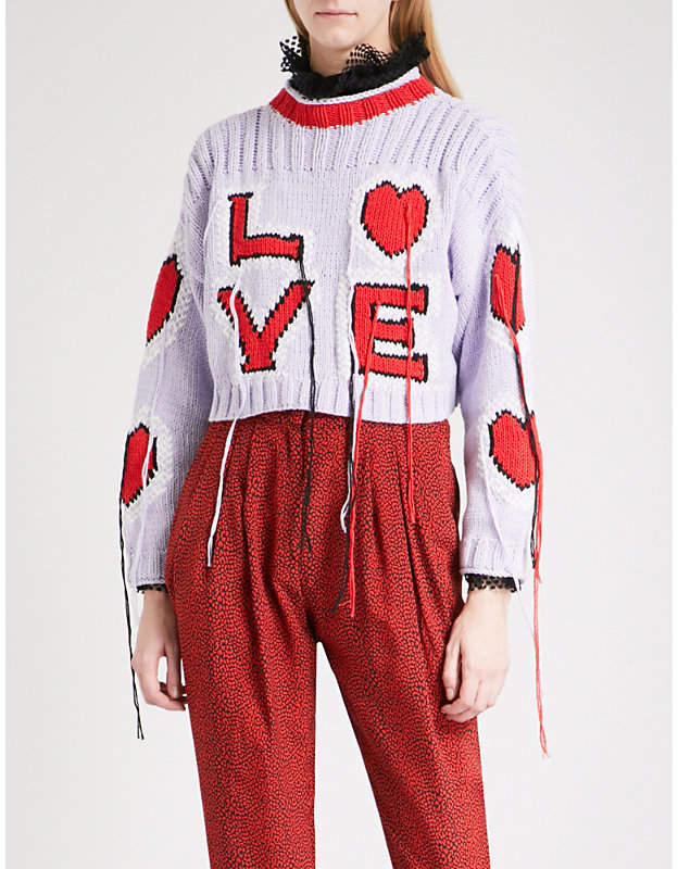 Love-print knitted-cotton cropped jumper