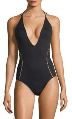 Faux Pearl Studded One-Piece Swimsuit