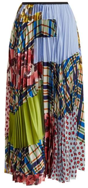 Contrasting-print pleated silk-blend skirt
