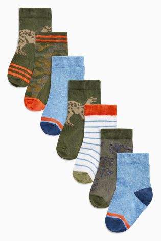 Boys Multi Dinosaur Socks Seven Pack (Younger Boys) - Green