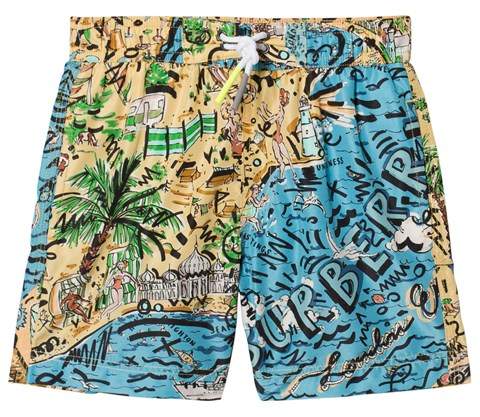 Blue and Sand Branded Seaside Print Swim Shorts