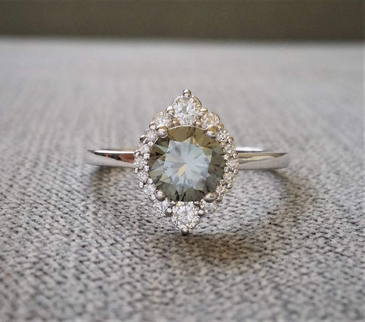 Etsy Grey Moissanite and Diamond Engagement Ring Halo Bohemian Art Deco Indian Vintage Antique 14K White