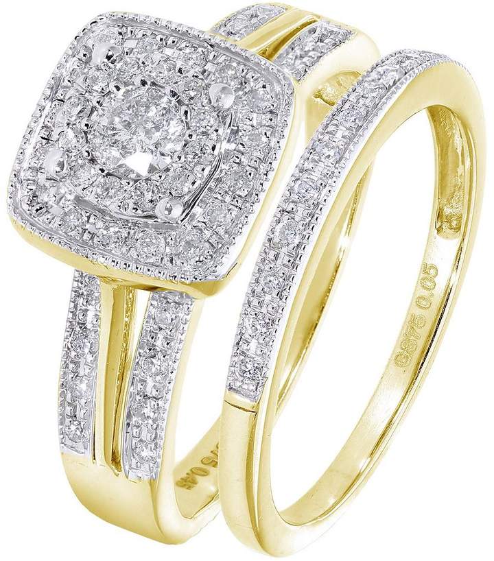 Love DIAMOND 9ct Yellow Gold 50 Point Diamond Square Set Split Shoulder Bridal Set Of Two Rings