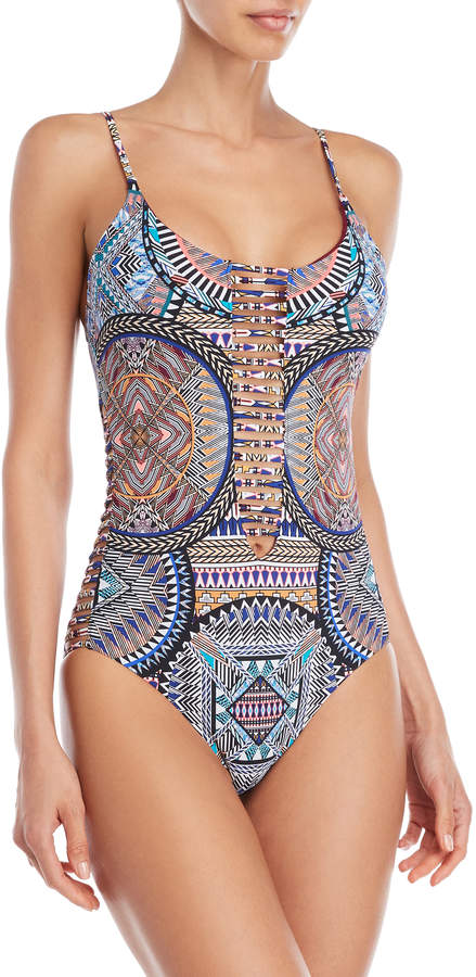 One-Piece Printed Ladder Cutout Swimsuit