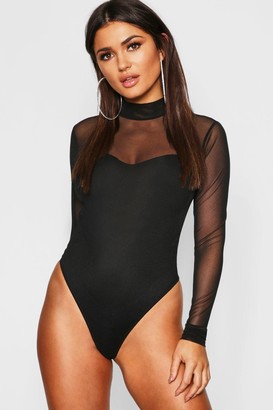boohoo Rib Mesh High Neck Long Sleeve Bodysuit