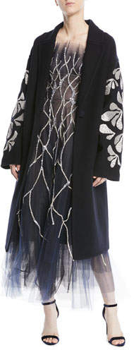 Thread-Work Sequin Embroidered Double-Breasted Wool Coat
