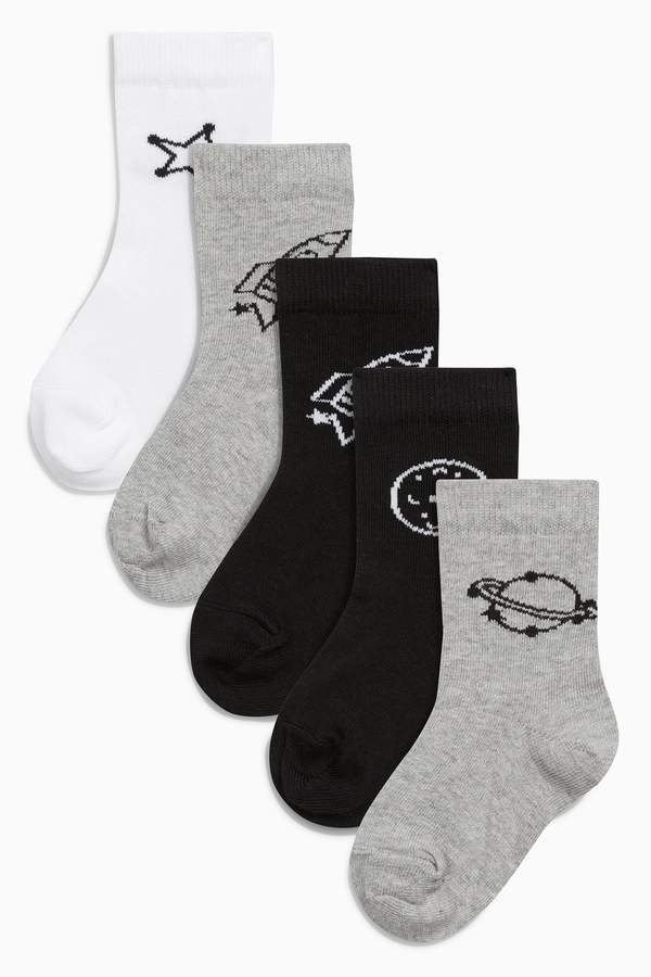 Boys Monochrome Space Socks Five Pack (Younger Boys) - Grey