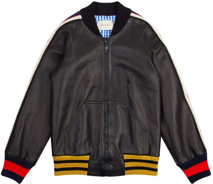 Leather Logo Stripe Bomber Jacket