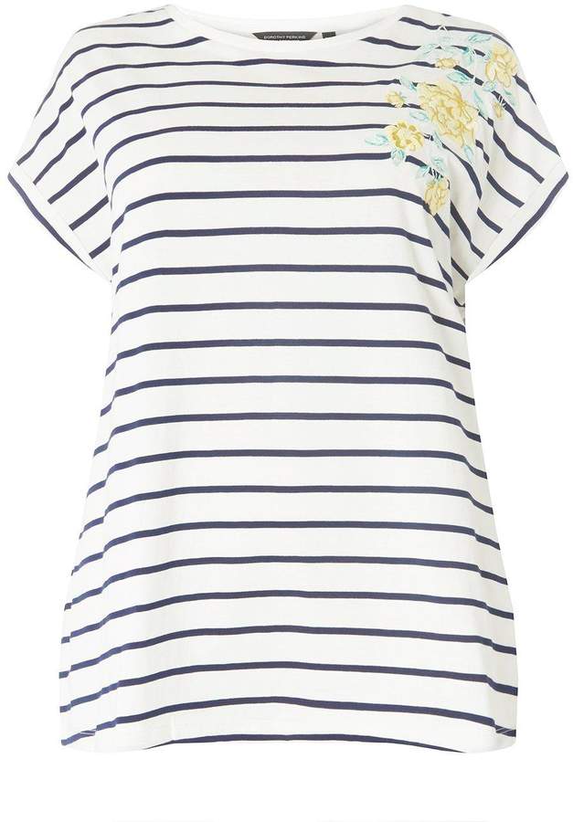 **DP Curve Yellow and Blue Striped Floral Embroidered T-Shirt