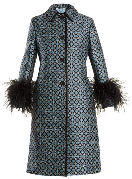 Feather-trimmed wool-blend coat
