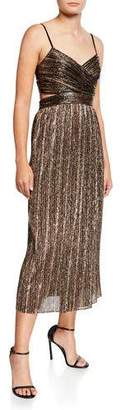 Aidan Mattox Pleated Metallic Stripe Sleeveless Midi Cocktail Dress Aidan Mattox Pleated Metallic Stripe Sleeveless Midi Cocktail Dress