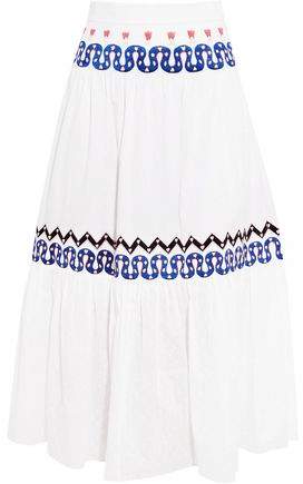 Spellbound Embroidered Poplin And Swiss-Dot Cotton Midi Skirt