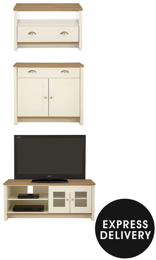 Tivoli Wide TV Unit Ready Assembled 3 Piece Living Room Set - Wide TV Unit, Compact Sideboard And Coffee Table - Oak-Effect, Cream/Oak-Effect