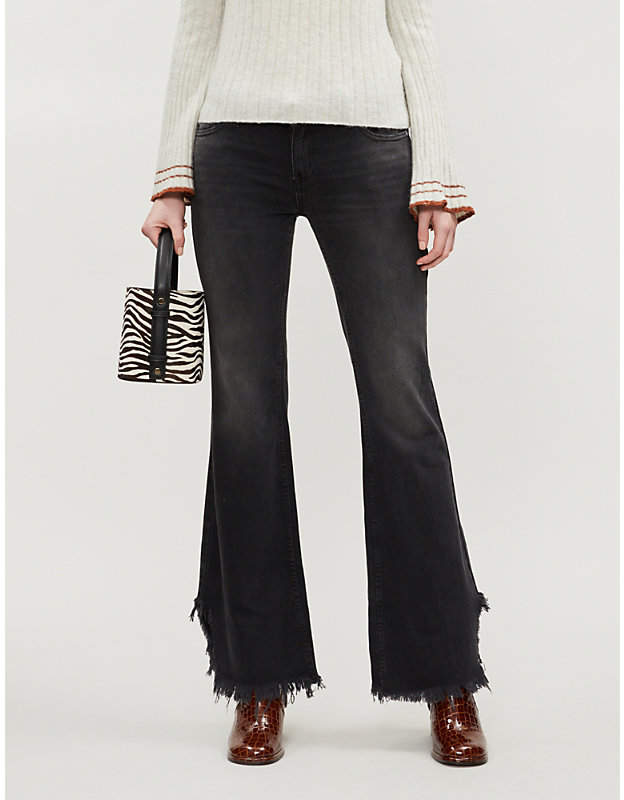 Frayed-hem flared cropped mid-rise jeans