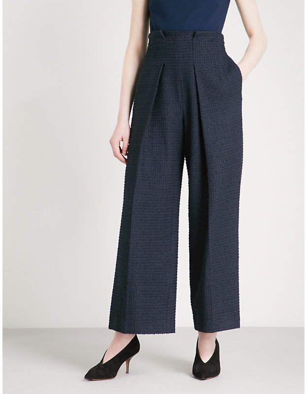 Textured high-rise wide-leg cotton-blend trousers