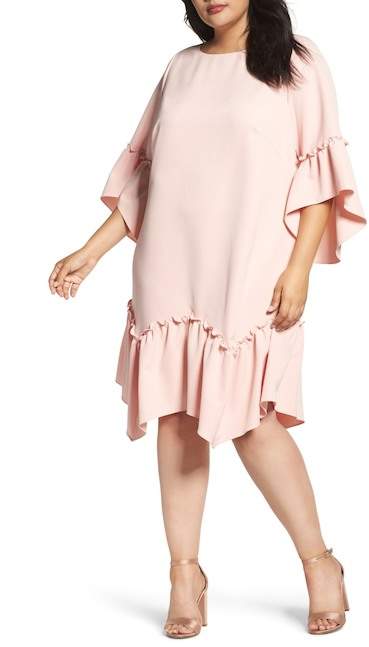 Elbow Sleeve Ruffle Hem Shift Dress
