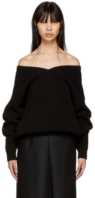 Black V-neck Off-the-shoulder Sweater