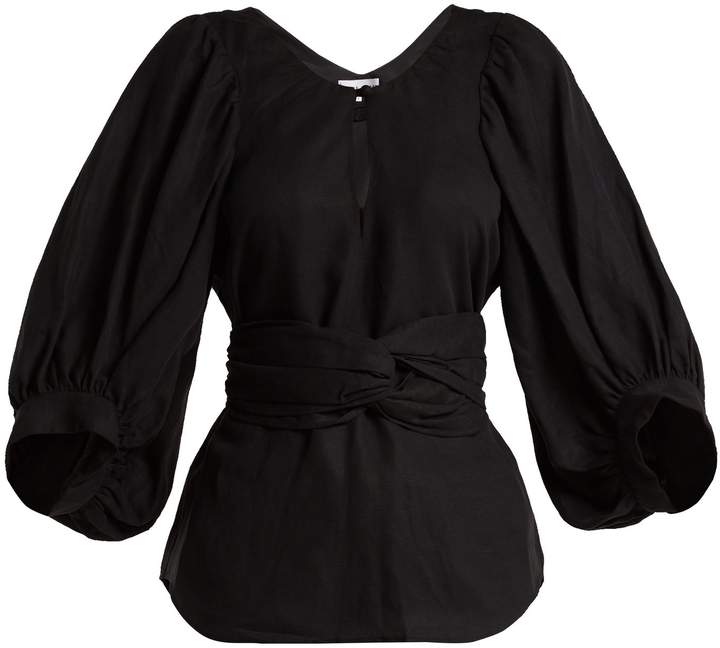 Linen-blend balloon-sleeve top