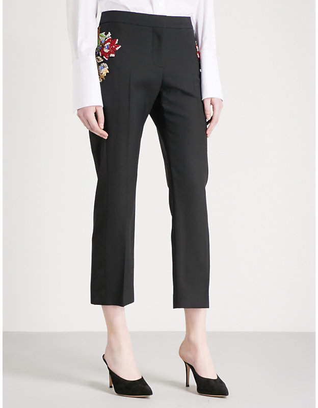 Floral-embellished tailored-fit high-rise wool-blend trousers