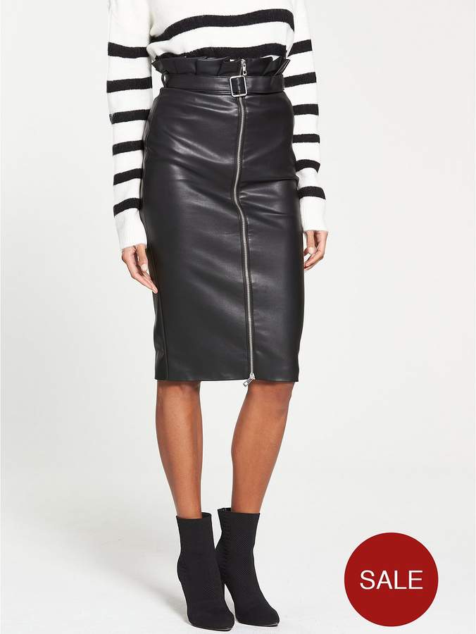 Paperbag Waist PU Skirt - Black