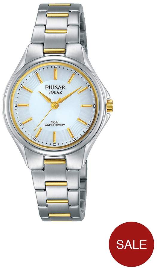 Two Tone Stainless Steel Bracelet White Dial Solar Ladies Watch