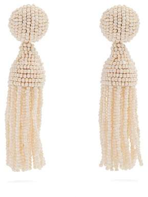 Bead-embellished tassel-drop clip-on earrings