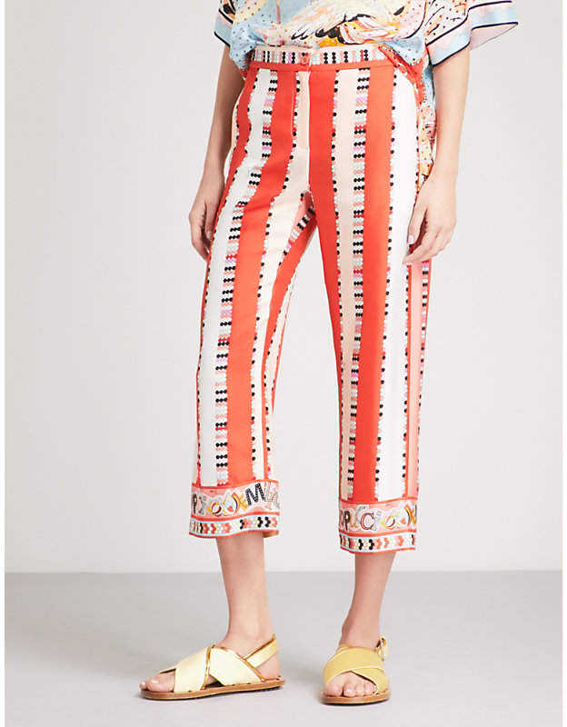 Circle and stripe-print high-rise silk-twill trousers
