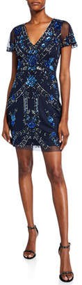 Aidan Mattox Beaded V-Neck Short-Sleeve Cocktail Dress Aidan Mattox Beaded V-Neck Short-Sleeve Cocktail Dress