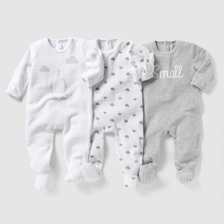 La Redoute Collections Pack of 3 Velour Sleepsuits, Birth - 3 Years