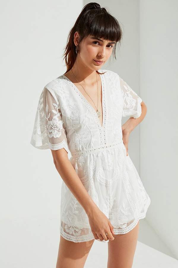 Plunging Embroidered Lace Romper