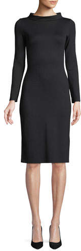 High-Collar Long-Sleeve Jersey Sheath Dress
