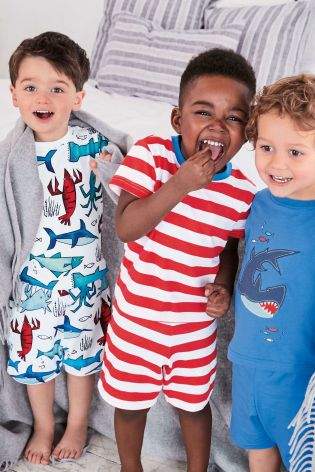 Boys Multi Shark And Stripe Short Pyjamas Three Pack (9mths-8yrs) - Red