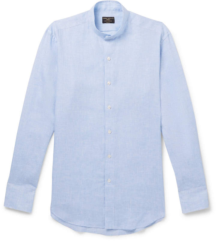 Emma Willis Slim-Fit Grandad-Collar Puppytooth Slub Linen Shirt