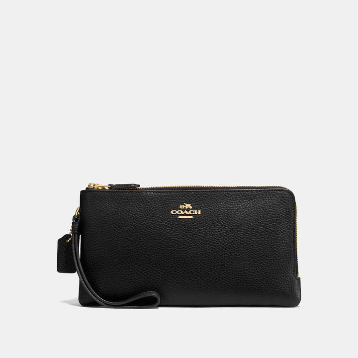 COACH F87587 - DOUBLE ZIP WALLET IN POLISHED PEBBLE LEATHER - LIGHT GOLD/BLACK - COACH WALLETS