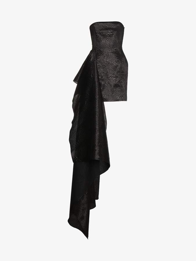 Halpern black asymmetric silk bustier dress
