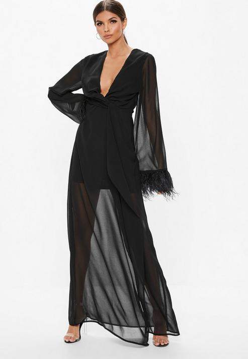 Black Twist Front Sheer Feather Trim Maxi Dress, Black