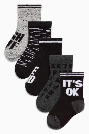 Boys Monochrome Slogan Socks Five Pack (Younger Boys) - Black