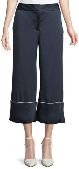 Wide-Leg Satin Ankle Pajama Pants with Piping