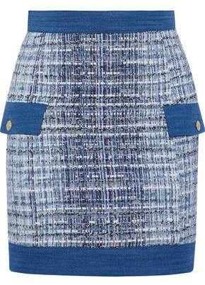 Denim-Trimmed Frayed Cotton-Blend Tweed Mini Skirt