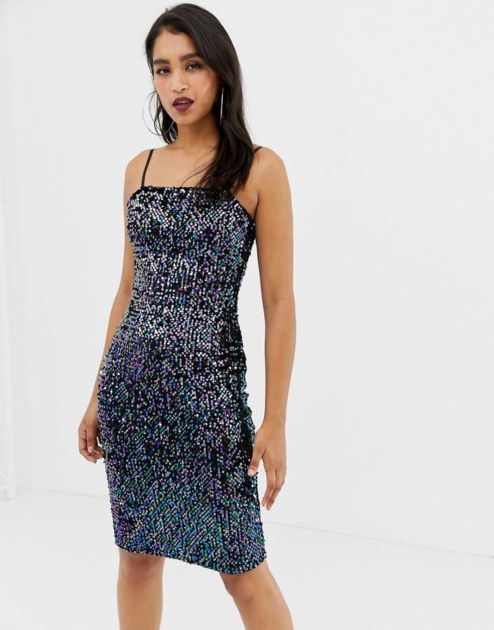 sequin cami dress with square neck in black