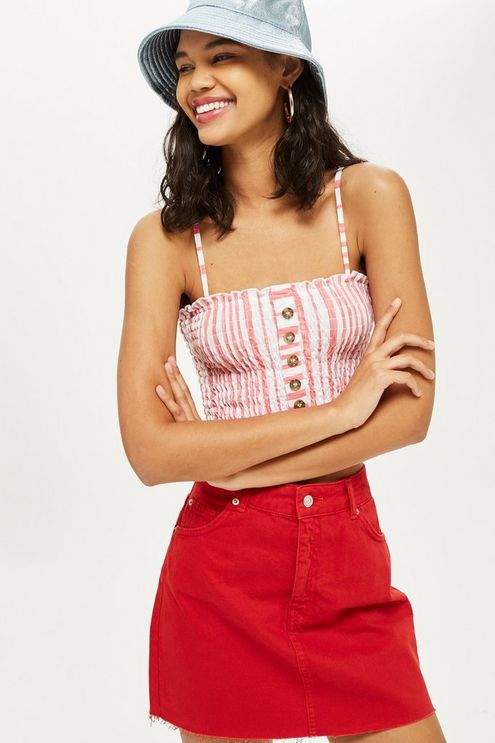 Petite striped horn button camisole top