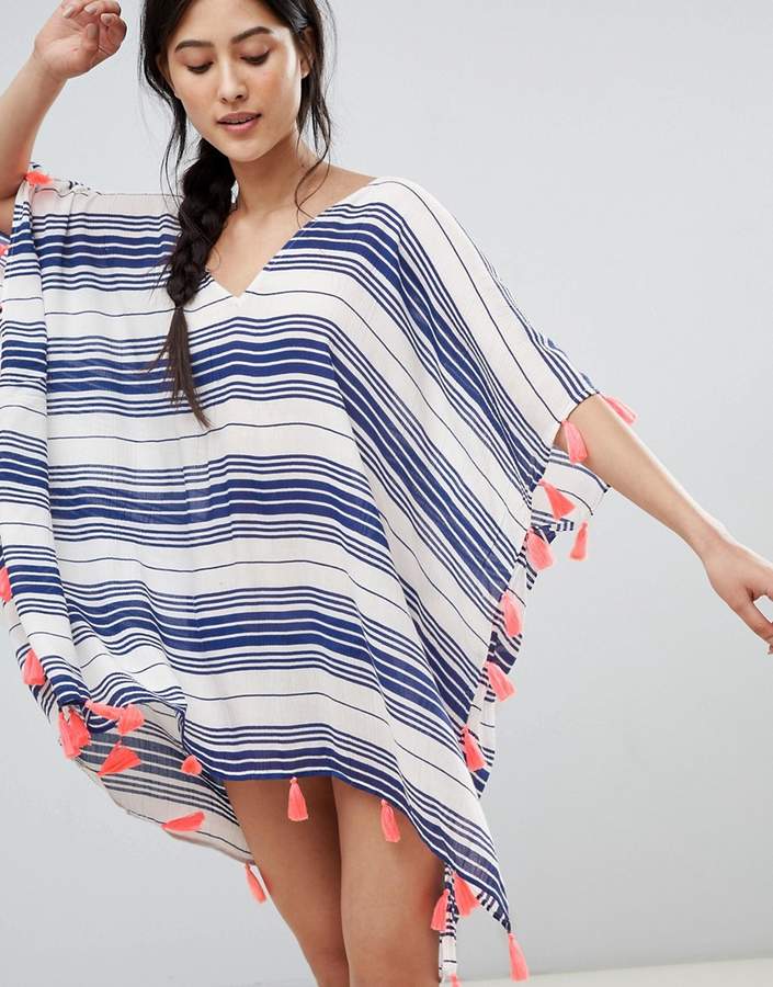 DESIGN Stripe Pom Pom Tassel Beach Caftan