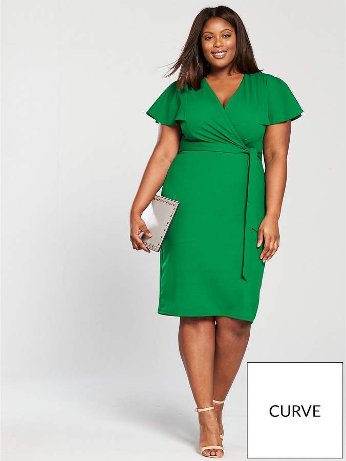 V By Very Curve Kimono Wrap Pencil Dress - Forest Green