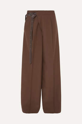 Marni Leather-trimmed Wool Wide-leg Pants - Brown